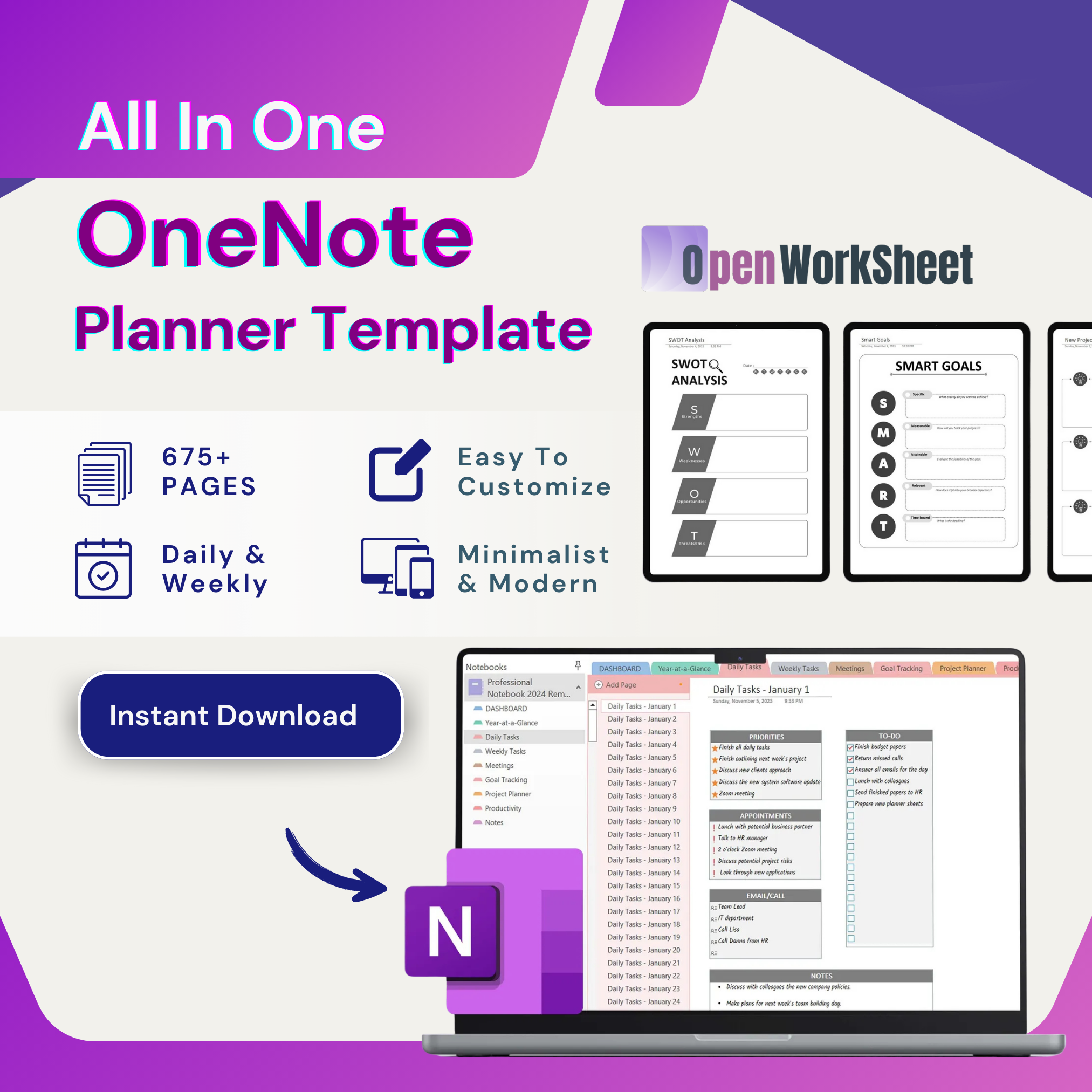 All‑in‑One OneNote Digital Planner 2025 & 2026 | Fully Hyperlinked - Openworksheet