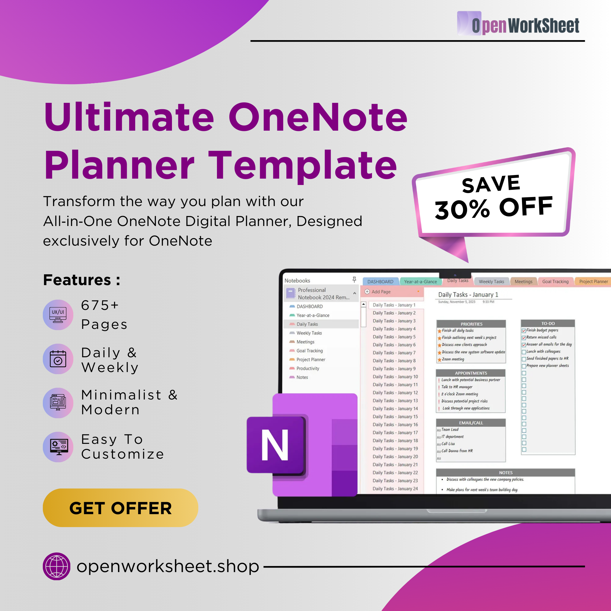 All‑in‑One OneNote Digital Planner 2025 & 2026 | Fully Hyperlinked - Openworksheet