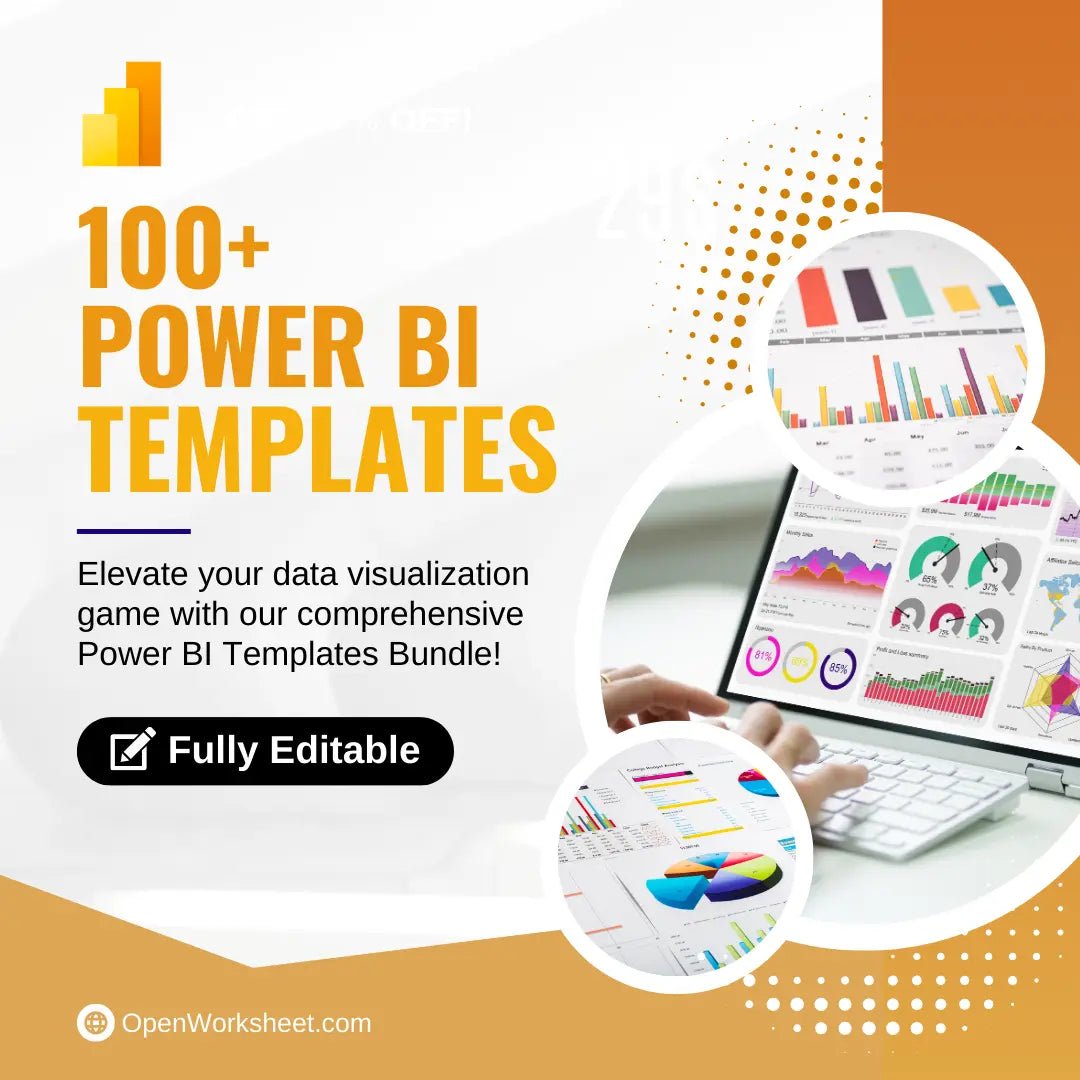 Promotional graphic for Power BI Templates with text and images of data visualizations.
