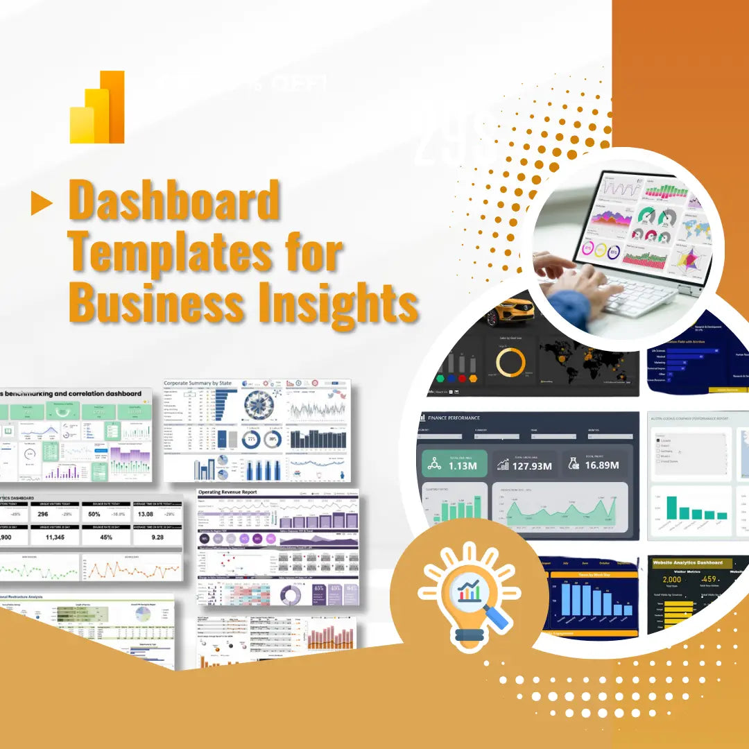 Dashboard templates for business insights with various analytics visuals on a white and orange background.