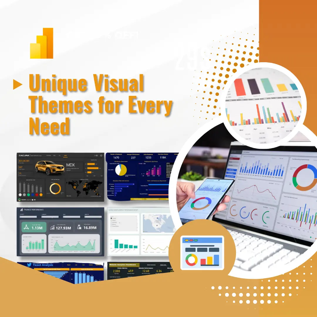 Collection of data analytics software with charts and graphs on a white and orange background.