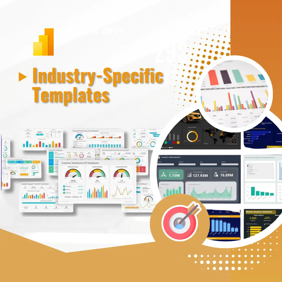 Collection of industry-specific templates with charts and graphs on a white and orange background.
