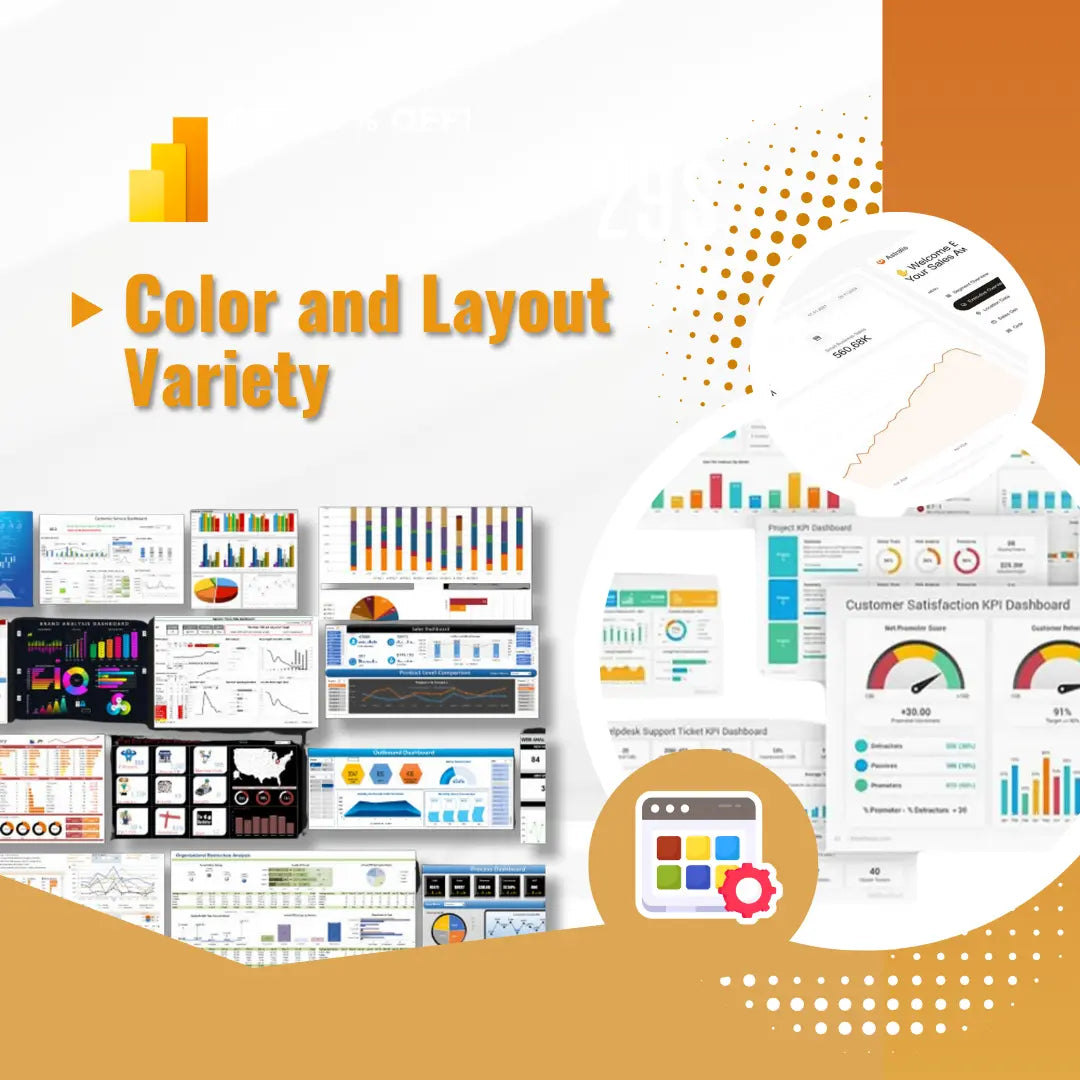Collection of various data analytics dashboards with different colors and layouts on a white and orange background.